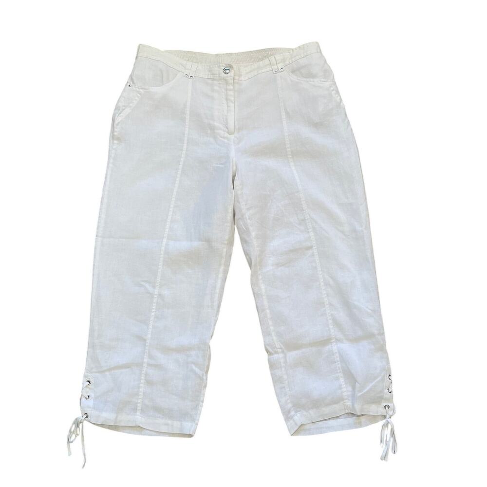 JM Collection White Linen Cropped Pants, Casual, Lace Up Ankle, Coastal, Sz 16